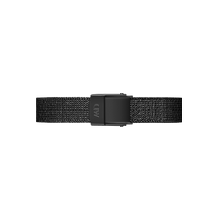 Pressed Ashfield Strap Black featuring a slim 10mm matte black stainless steel mesh design with a secure fold-over clasp, shown laid flat against a black background.