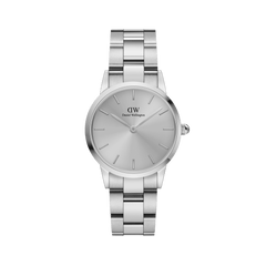 Iconic Link Unitone Silver ladies watch with a polished stainless steel link bracelet, minimalist silver dial and slim 28mm case, showcasing a modern monochrome design suitable for everyday wear.
