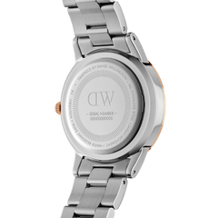 Back view of the Iconic Link Lumine Rose Gold watch, showing the stainless steel case, engraved branding, and secure link bracelet with rose gold accents.