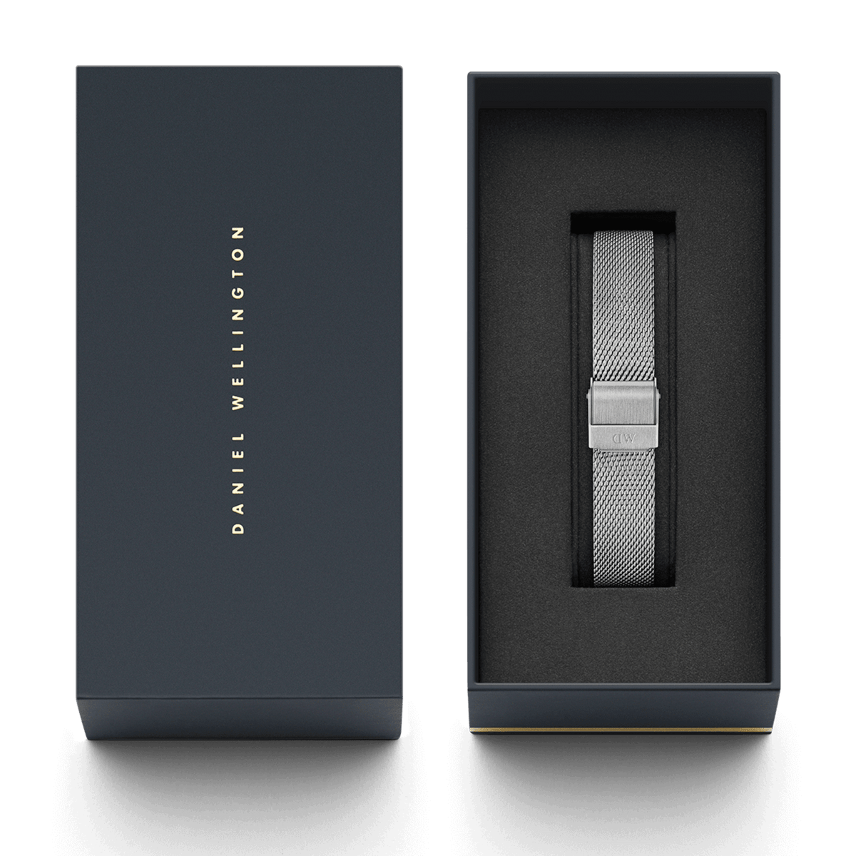 Sterling Strap Silver mesh watch strap presented in a sleek Daniel Wellington gift box, featuring a polished stainless steel finish and secure fold-over clasp.