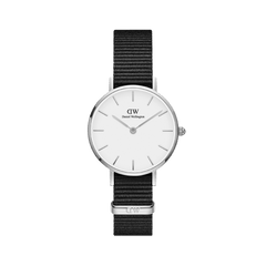 Petite Cornwall Silver ladies watch featuring a slim silver case, minimalist eggshell white dial, and an adjustable black NATO fabric strap, designed for a comfortable fit on petite wrists.