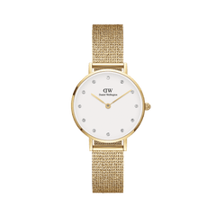 Petite Lumine Pressed Evergold gold mesh strap watch with an eggshell white dial, crystal hour markers, and minimalist design, ideal for women seeking a refined and versatile accessory.