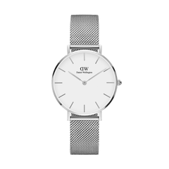 Petite Sterling Silver watch with a round white dial and slim stainless steel mesh strap, featuring minimalist hour markers and a refined silver finish.