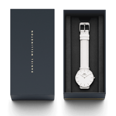 Petite Bondi Silver ladies watch with an eggshell white dial and polished silver case, presented in a sleek Daniel Wellington gift box with a white leather strap.