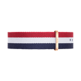 Cambridge Strap Rose Gold features bold red, white, and navy stripes in a durable NATO style, finished with a rose gold buckle for a refined and modern look.