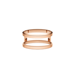 Elan Dual Ring Rose Gold featuring a double-band silhouette with minimalist lines, crafted from stainless steel and finished in warm rose gold.