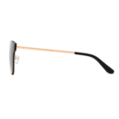 Ambler Steel Rose Gold sunglasses shown from the side, highlighting the slim rose gold plated stainless steel arm with black cellulose acetate temple tip and adjustable silicone nose pad for comfortable wear.
