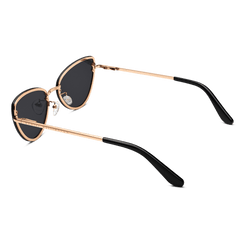 Lynx Steel Black sunglasses with a rose gold plated stainless steel frame, modern cat eye shape, black nylon lenses, and comfortable black temple tips, shown from a rear angle.