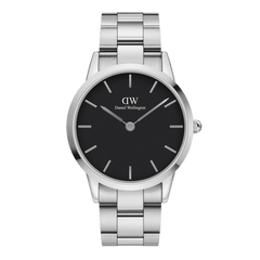 Classic Daniel Wellington Iconic Link watch with a polished stainless steel bracelet and minimalist black dial, featuring a sleek round face and silver hour markers.