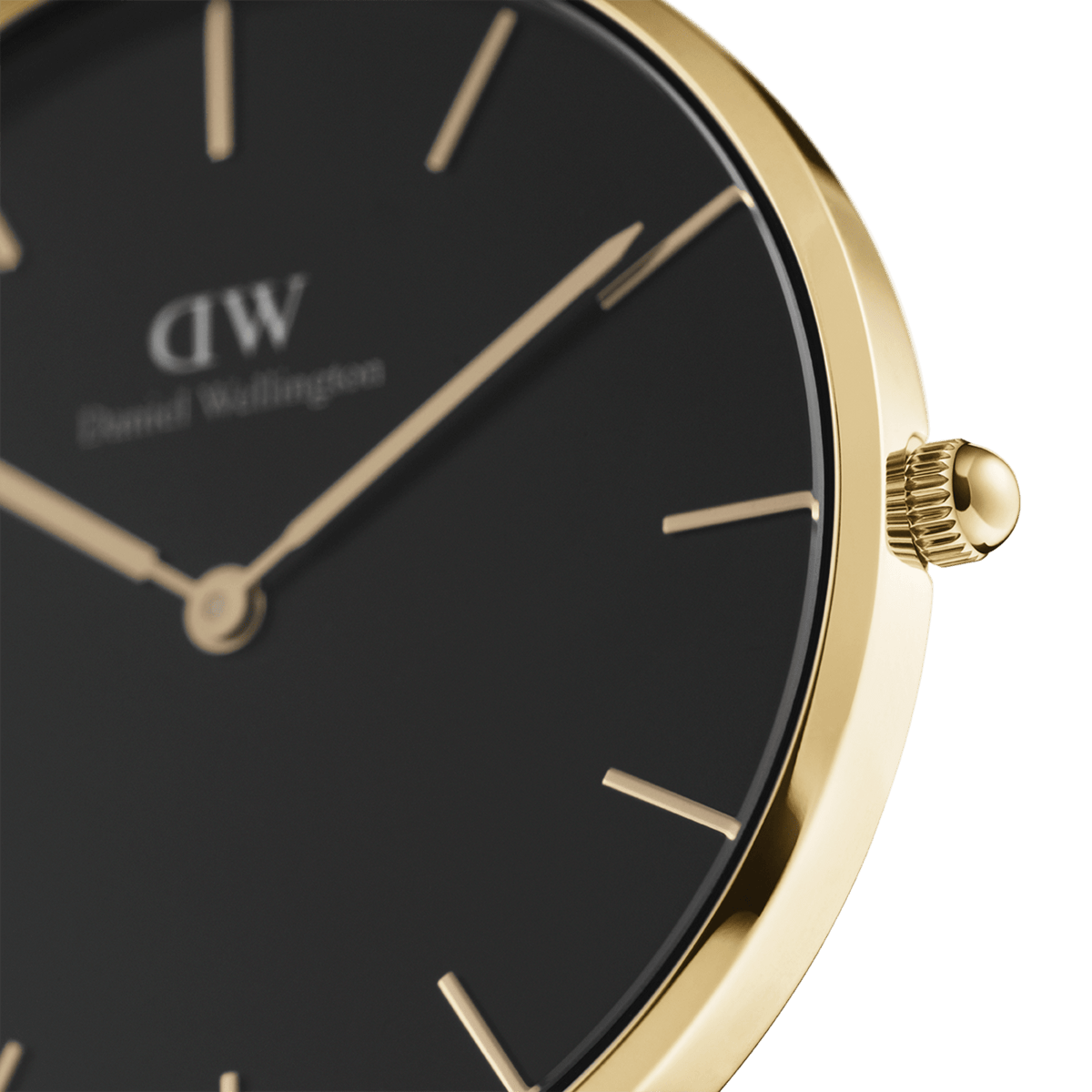 Close-up of the Petite Evergold Black gold watch, highlighting the slim gold case, minimalist black dial, and gold hour markers for an elegant, contemporary look.