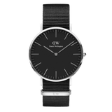 Classic Cornwall Black Silver watch featuring a slim silver case, minimalist black dial, and adjustable black NATO strap, designed for versatile everyday wear.