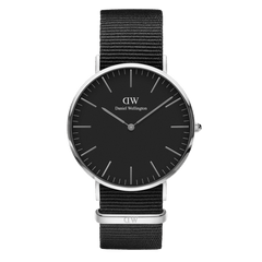 Classic Cornwall Black Silver watch featuring a slim silver case, minimalist black dial, and adjustable black NATO strap, designed for versatile everyday wear.