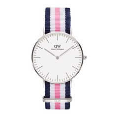 Classic Southampton Silver watch with a minimalist eggshell white dial, slim silver case, and a blue, pink, and white striped NATO fabric strap. The clean design and colourful strap create a fresh, versatile look suitable for both casual and formal wear.