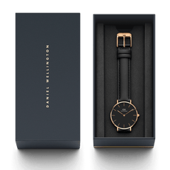 Petite Sheffield rose gold ladies watch with a black leather strap, presented in a branded gift box, ideal for gifting and everyday wear.