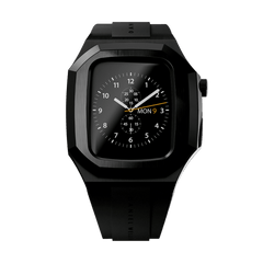 Switch Black Black Apple Watch case in brushed stainless steel with a matte black finish, featuring geometric contours, an integrated FKM rubber strap, and a secure deployment clasp for Series 6, 5, 4, and SE models.