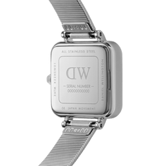 Quadro Studio stainless steel ladies watch showing the engraved case back, piano link strap, and details of the Japanese quartz movement.
