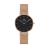 Petite Melrose Black Rose Gold watch featuring a minimalist black dial, rose gold mesh strap, and slim rose gold case, designed for women seeking a classic yet modern accessory.