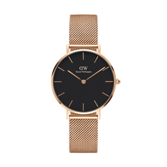 Petite Melrose Black Rose Gold watch featuring a minimalist black dial, rose gold mesh strap, and slim rose gold case, designed for women seeking a classic yet modern accessory.