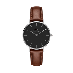 Petite St Mawes Black Silver watch with a sleek black dial, polished silver case, and slim brown leather strap, designed for women who prefer a modern, understated accessory.