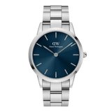 Iconic Link Arctic Silver watch by Daniel Wellington with a stainless steel link bracelet, featuring a striking dark blue sunray dial and minimalist silver hour markers.