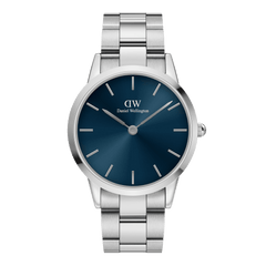 Iconic Link Arctic Silver watch by Daniel Wellington with a stainless steel link bracelet, featuring a striking dark blue sunray dial and minimalist silver hour markers.
