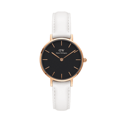 Petite Bondi Black Rose Gold watch with a slim rose gold case, minimalist black dial, and a crisp white leather strap, designed for women who appreciate understated elegance.