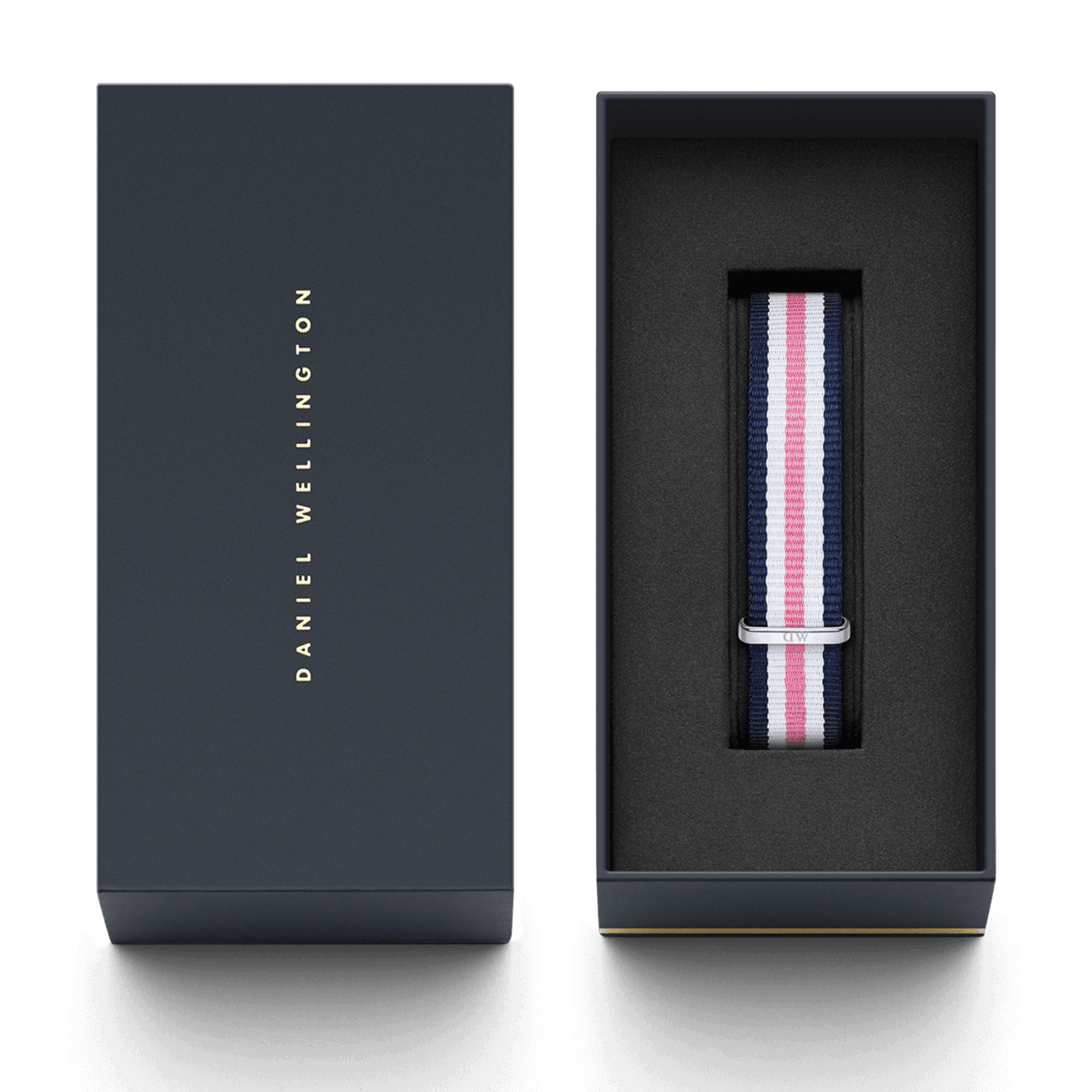 Southampton Strap Silver NATO style watch strap with navy, white, and pink stripes, presented in a sleek Daniel Wellington gift box with a foam insert for secure packaging.
