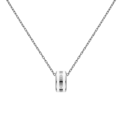 Close-up of the Emalie Necklace Silver Satin White showing the satin white enamel pendant on a polished silver chain, highlighting its minimalist and elegant design.
