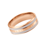 Rose gold ring with a minimalist band design, featuring a soft desert sand enamel inlay and the Daniel Wellington logo engraved along the side.