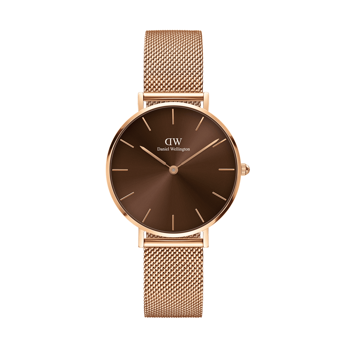 Petite Amber Rose Gold ladies watch with an amber brown sunray dial, minimalist hour markers, and a slim rose gold mesh strap, offering a modern and elegant style for everyday wear.
