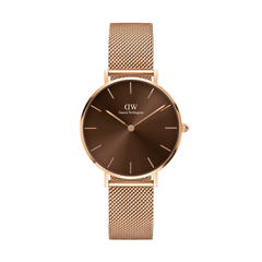 Petite Amber Rose Gold ladies watch with an amber brown sunray dial, minimalist hour markers, and a slim rose gold mesh strap, offering a modern and elegant style for everyday wear.