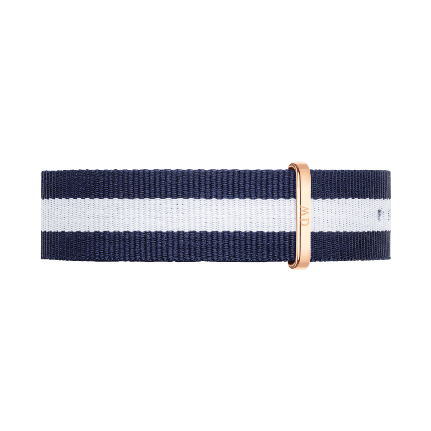 Navy blue and white striped NATO watch strap with a rose gold buckle, crafted from durable polyester for a comfortable and stylish fit.
