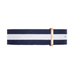 Navy blue and white striped NATO watch strap with a rose gold buckle, crafted from durable polyester for a comfortable and stylish fit.