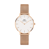 Petite Melrose Rose Gold watch with a minimalist eggshell white dial and a slim rose gold mesh strap, featuring simple hour markers and a refined, modern design ideal for everyday wear.