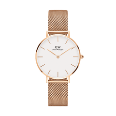 Petite Melrose Rose Gold watch with a minimalist eggshell white dial and a slim rose gold mesh strap, featuring simple hour markers and a refined, modern design ideal for everyday wear.