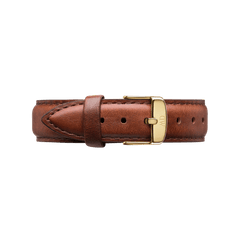 Rich brown genuine leather watch strap with detailed stitching, featuring a polished gold buckle and multiple adjustment holes, designed to fit Daniel Wellington watches for a classic and versatile look.