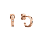 Classic Lumine Rose Gold earrings featuring a petite hoop design, polished rose gold finish, engraved logotype, and four sparkling crystal accents, shown with secure stud closures.