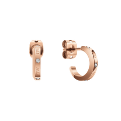 Classic Lumine Rose Gold earrings featuring a petite hoop design, polished rose gold finish, engraved logotype, and four sparkling crystal accents, shown with secure stud closures.