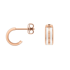 Emalie Earrings Rose Gold Satin White shown in a classic huggie style, featuring a rose gold finish with a satin white enamel stripe and engraved branding, displayed from side and front angles.