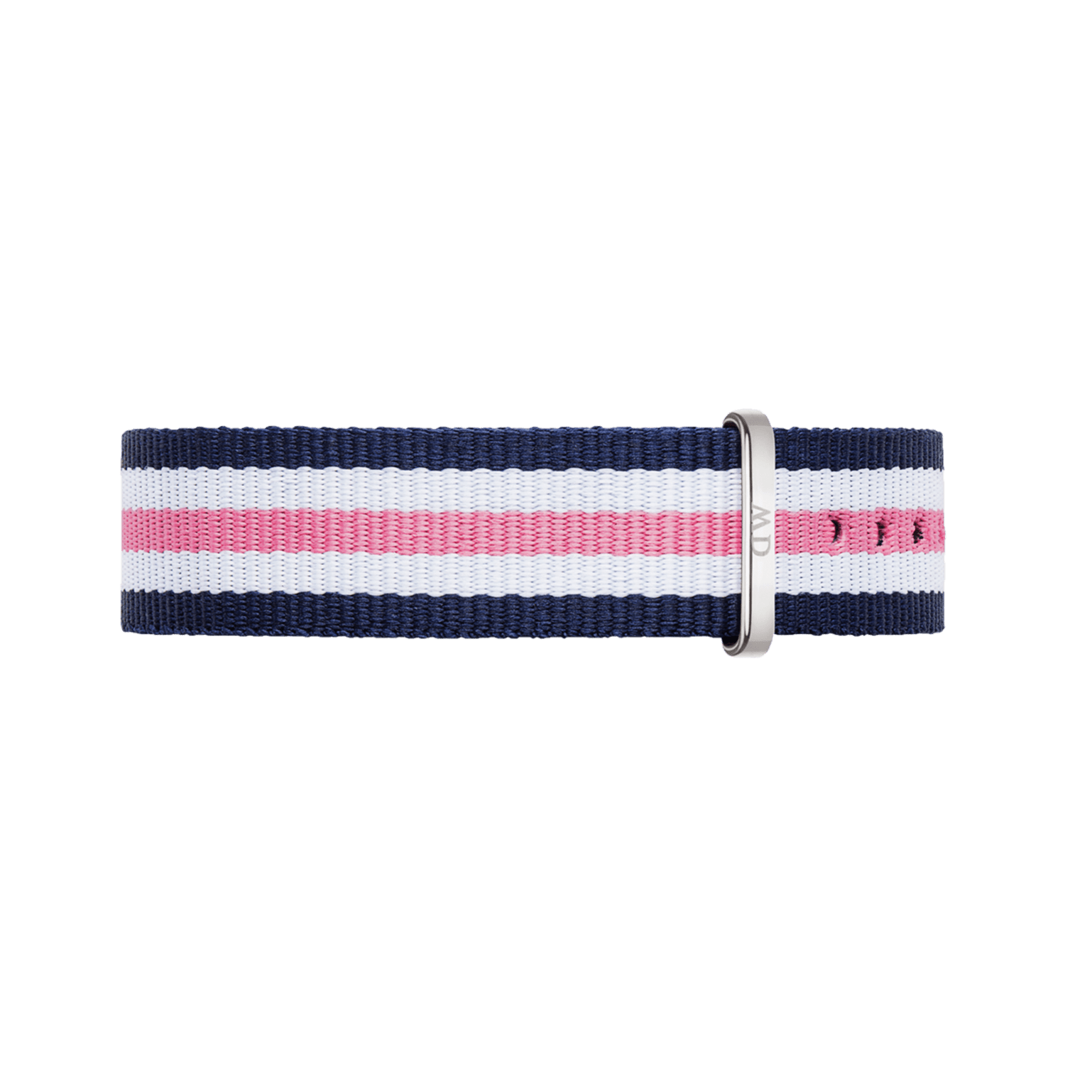 Navy, white, and pink striped NATO style watch strap with a silver buckle, crafted from durable polyester for a comfortable and stylish fit.