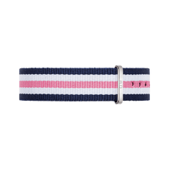 Navy, white, and pink striped NATO style watch strap with a silver buckle, crafted from durable polyester for a comfortable and stylish fit.