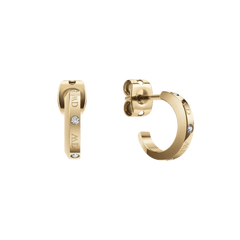 Classic Lumine Gold earrings with a minimalist gold hoop design, featuring four sparkling crystals and engraved logotype, shown from front and side angles.