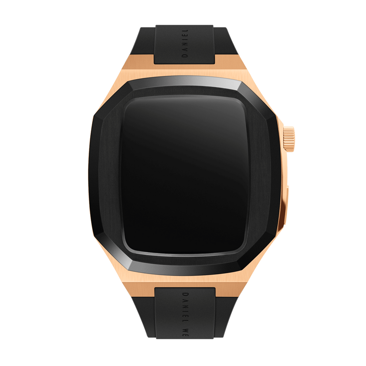 Switch Rose Gold Apple Watch case in brushed rose gold stainless steel with a bold black bezel and integrated black FKM rubber strap, designed for the 40mm Apple Watch Series 6, 5, 4, and SE.