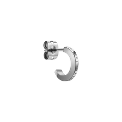 Elan Earrings Silver in a close-up side view, showcasing the polished stainless steel huggie design with the Daniel Wellington logo engraved along the outer curve.