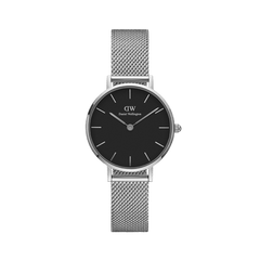 Petite Sterling Black Silver features a slim stainless steel mesh strap, a minimalist black dial, and a polished silver case, ideal for women seeking a comfortable and elegant silver watch for small wrists.