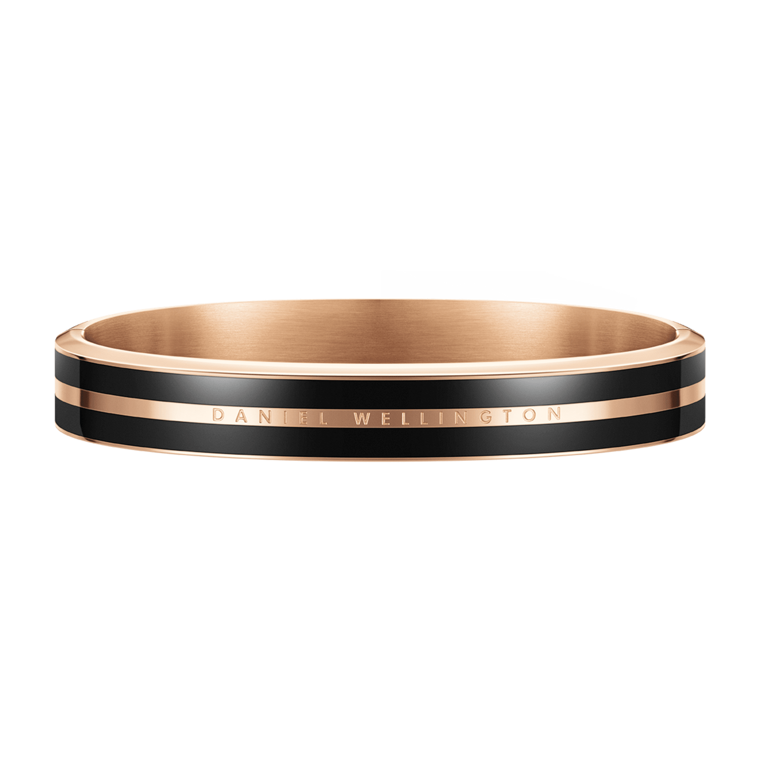 Rose gold and black enamel bangle bracelet with minimalist design, featuring sleek enamel ribbons and subtle engraved branding, suitable for both men and women.
