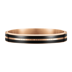 Rose gold and black enamel bangle bracelet with minimalist design, featuring sleek enamel ribbons and subtle engraved branding, suitable for both men and women.