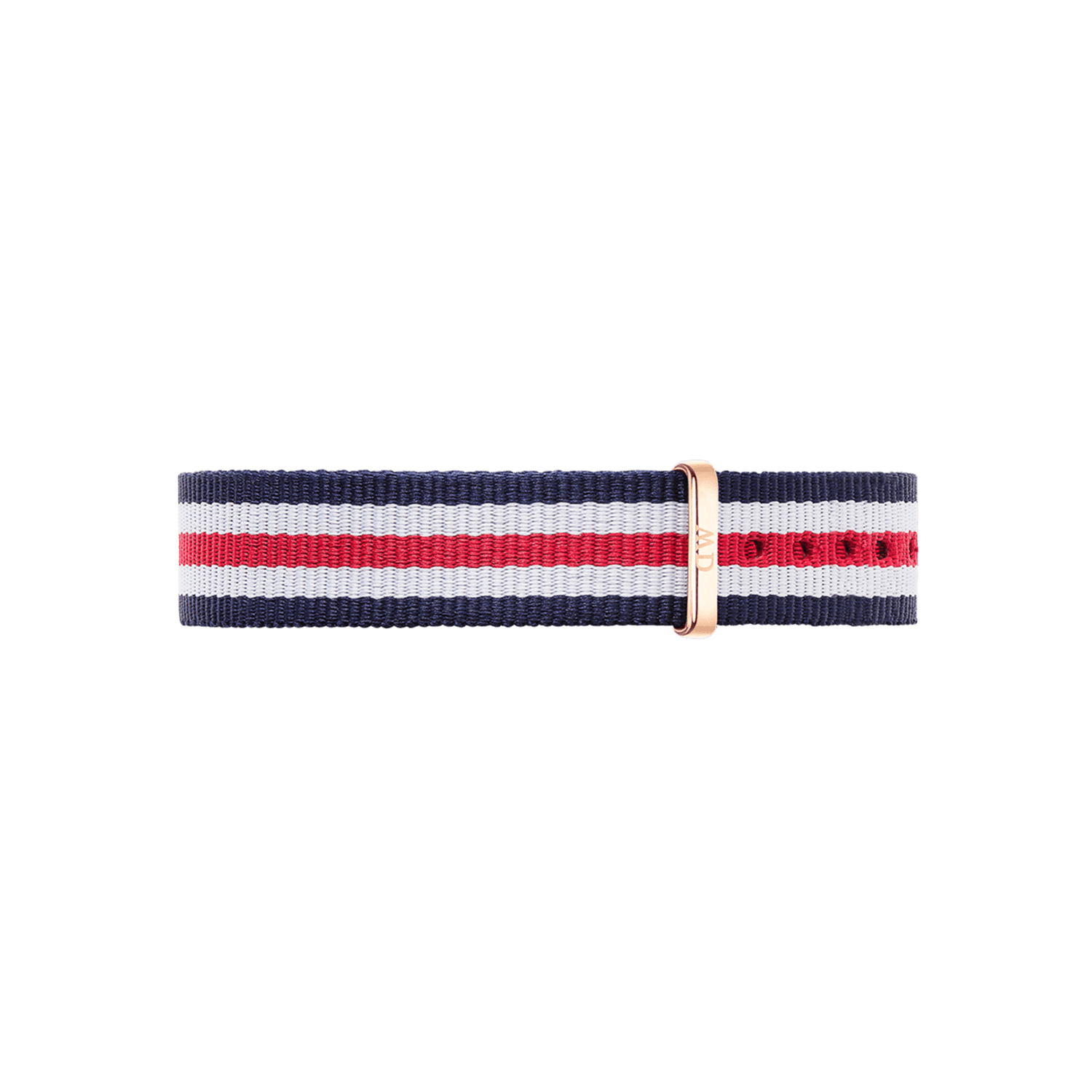 Canterbury Strap Rose Gold NATO watch strap in navy, white, and red stripes with a rose gold buckle, shown in a smaller size suitable for slim wrists or petite watches.