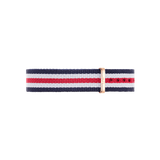 Canterbury Strap Rose Gold NATO watch strap in navy, white, and red stripes with a rose gold buckle, shown in a smaller size suitable for slim wrists or petite watches.