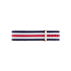 Canterbury Strap Rose Gold NATO watch strap in navy, white, and red stripes with a rose gold buckle, shown in a smaller size suitable for slim wrists or petite watches.